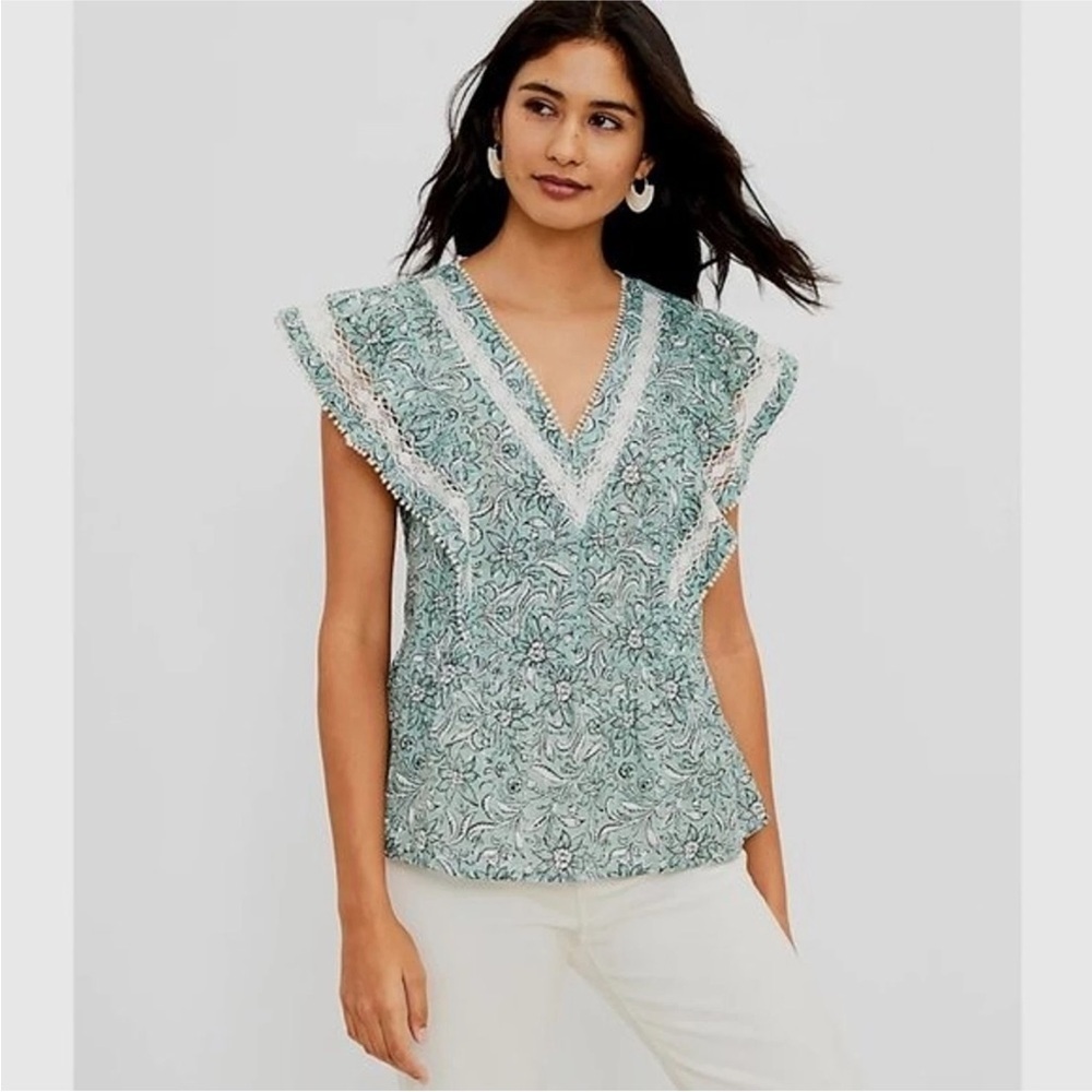 LOFT Spring Bloom Mint Lace Flutter Sleeve Peplum Top S Boho‎ Cotton Cottagecore